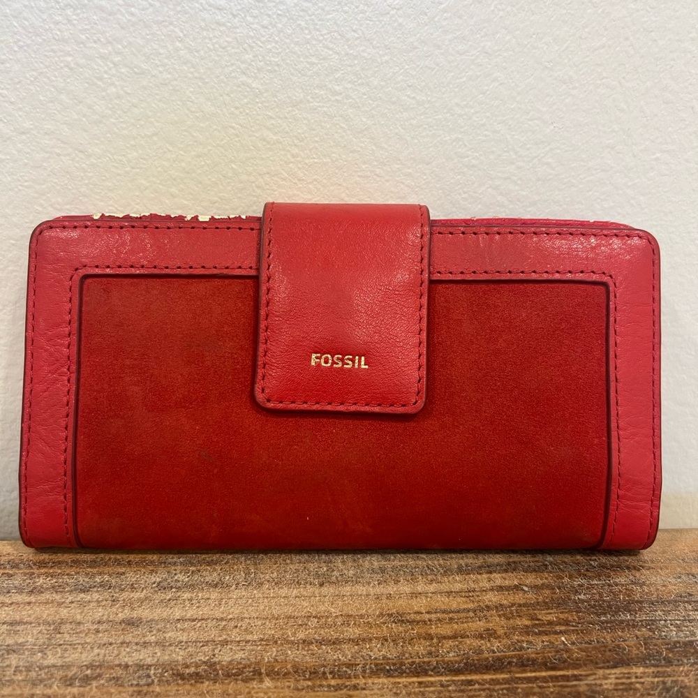 Fossil Logan Wallet Brick Red Suede and Leather